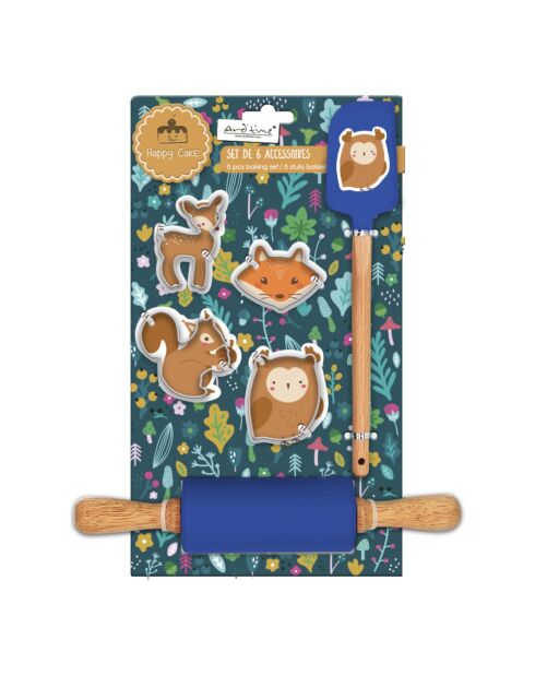 Set mit 6 blauen Happy Cake-Accessoires aus Silikon