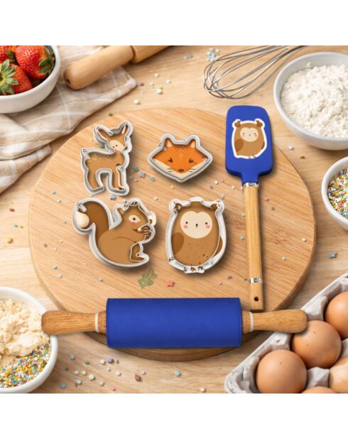 Set mit 6 blauen Happy Cake-Accessoires aus Silikon