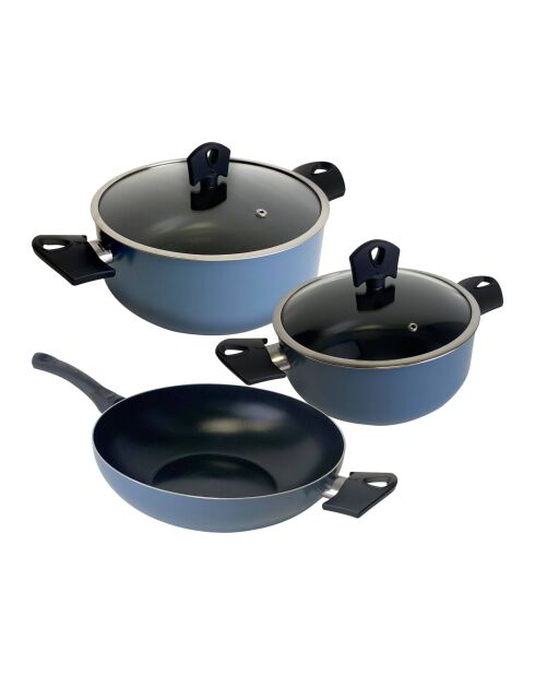 Set van 2 blauwe potten met deksel + wok