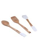 Lot de 3 Ustensiles de cuisine : spatule rainurée + louche + cuillère rainurée marrons/blancs