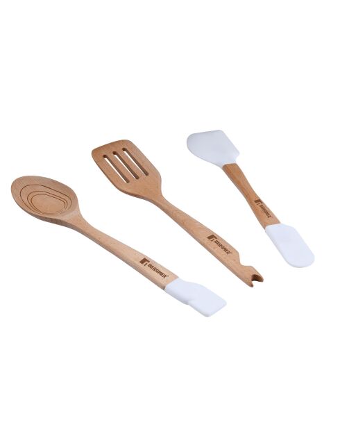 Lot de 3 Ustensiles de cuisine : spatule rainurée + louche + cuillère rainurée marrons/blancs