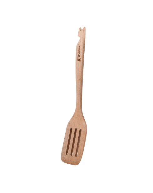 Lot de 3 Ustensiles de cuisine : spatule rainurée + louche + cuillère rainurée marrons/blancs
