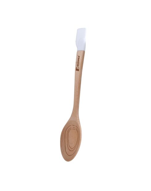 Lot de 3 Ustensiles de cuisine : spatule rainurée + louche + cuillère rainurée marrons/blancs