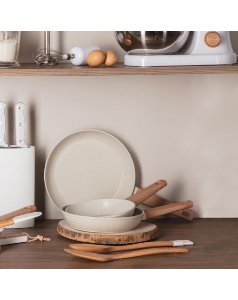 Lot de 3 Ustensiles de cuisine : spatule rainurée + louche + cuillère rainurée marrons/blancs