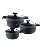 Set van 2 pannen + 1 steelpan met grijze, zwarte deksels