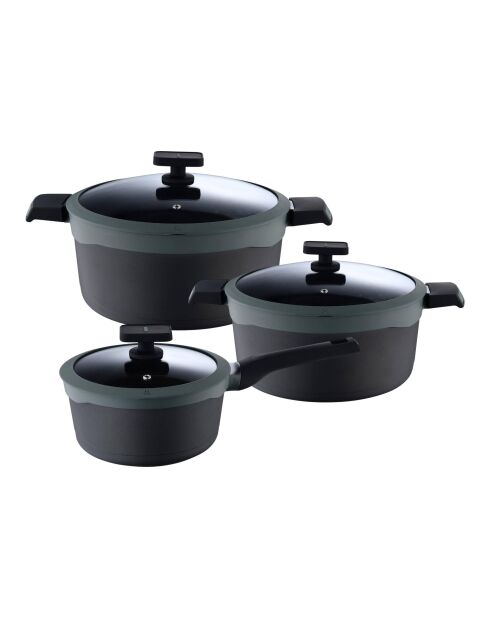 Set van 2 pannen + 1 steelpan met grijze, zwarte deksels