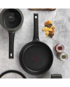 Set van 2 pannen + 1 steelpan met grijze, zwarte deksels