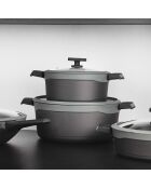 Set van 2 pannen + 1 steelpan met grijze, zwarte deksels