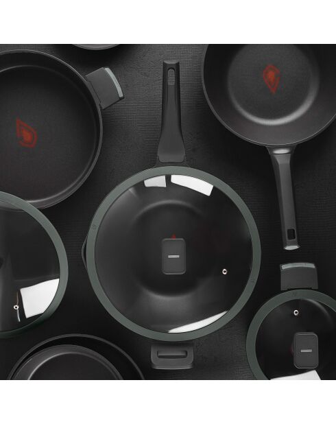 Set van 2 pannen + 1 steelpan met grijze, zwarte deksels