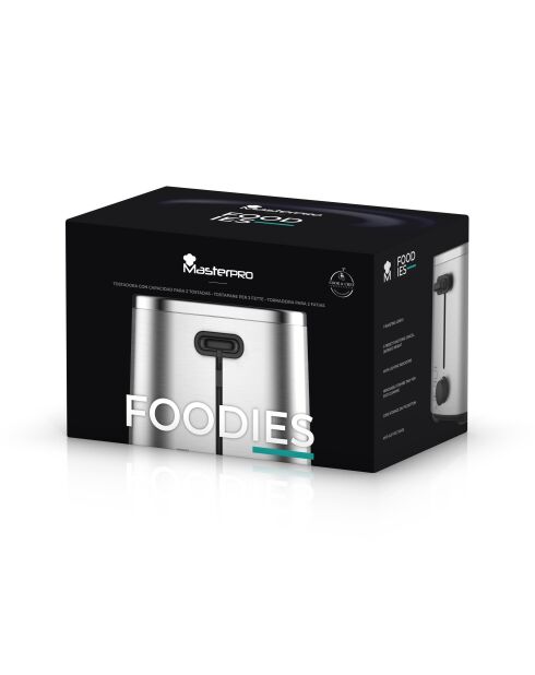 Juego de tostadoras MasterPro para amantes de la comida de 2 rebanadas, color plateado y negro
