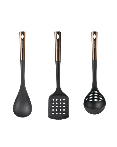 Lot de 3 Ustensiles de cuisine : spatule à fentes, cuillère et louche noirs et cuivre
