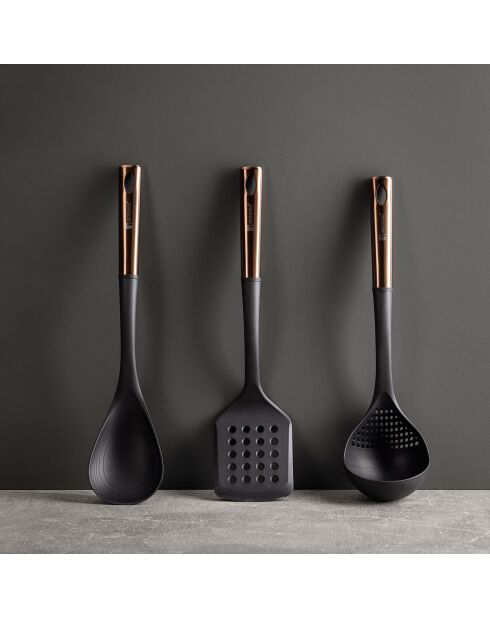 Lot de 3 Ustensiles de cuisine : spatule à fentes, cuillère et louche noirs et cuivre