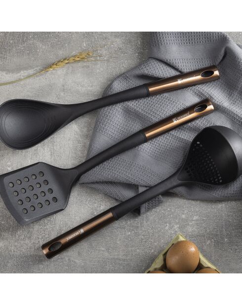 Lot de 3 Ustensiles de cuisine : spatule à fentes, cuillère et louche noirs et cuivre