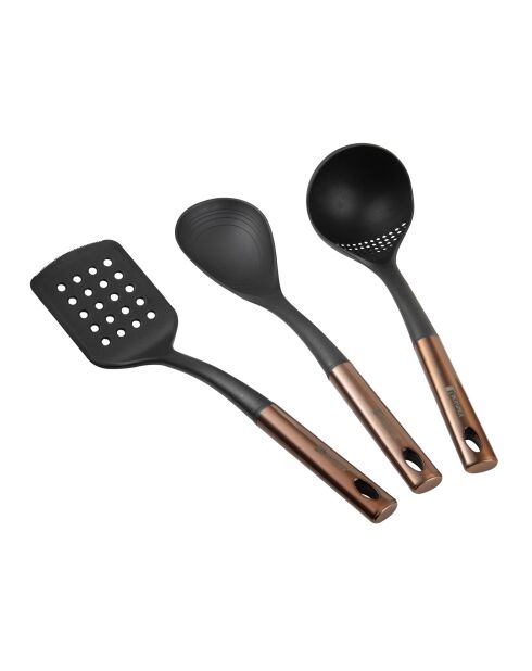 Lot de 3 Ustensiles de cuisine : spatule à fentes, cuillère et louche noirs et cuivre
