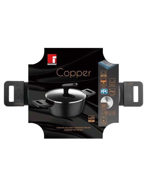 Niedriger Kochtopf mit schwarzem Deckel, Durchmesser 20 cm