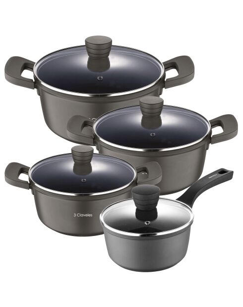 Set van 3 zwarte stoofschotels en 1 braadpan