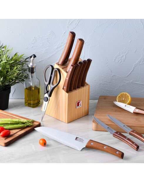 Lot de 11 Couteaux + ciseaux + bloc marron