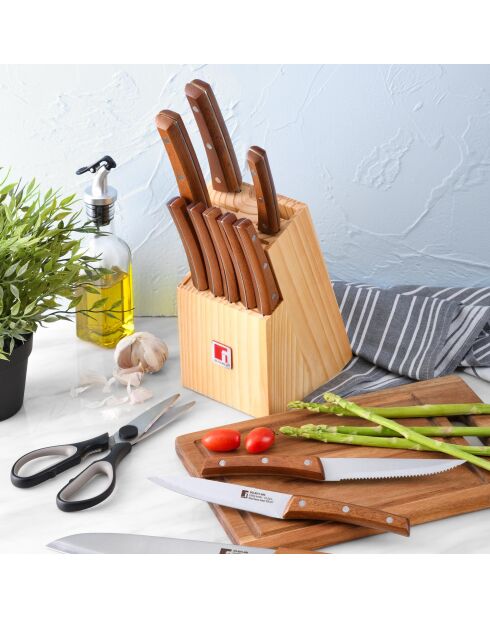 Lot de 11 Couteaux + ciseaux + bloc marron