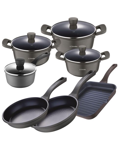 Set van 3 potten + deksels + een steelpan + pannen + zwarte grillpan