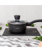 Set van 3 potten + deksels + een steelpan + pannen + zwarte grillpan