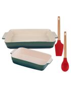 Set mit 2 Küchenutensilien: Löffel und Spatel + 2 rote/grüne rechteckige Schalen