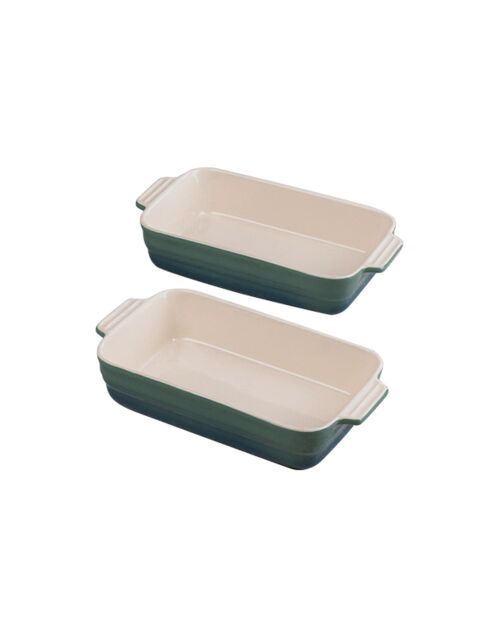 Set mit 2 Küchenutensilien: Löffel und Spatel + 2 rote/grüne rechteckige Schalen