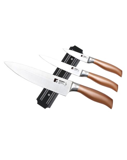Lot de 3 Couteaux + support mural magnétique cuivre