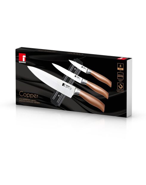 Lot de 3 Couteaux + support mural magnétique cuivre