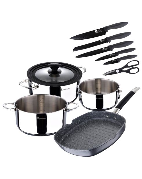 Utensilios de cocina con ollas + sartén para asar + 5 cuchillos con tijeras MasterPro negro/gris