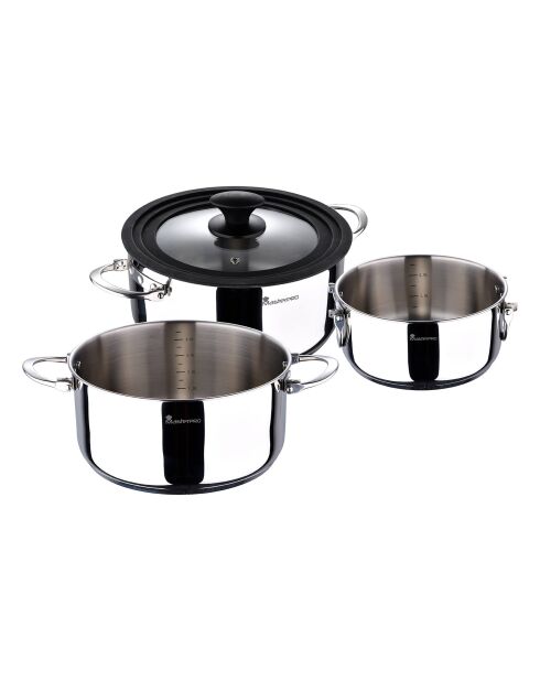 Utensilios de cocina con ollas + sartén para asar + 5 cuchillos con tijeras MasterPro negro/gris