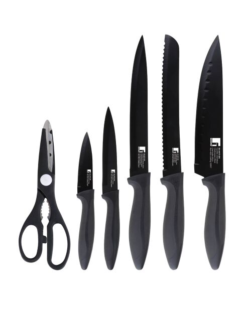 Utensilios de cocina con ollas + sartén para asar + 5 cuchillos con tijeras MasterPro negro/gris