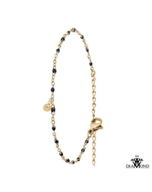 Roestvrijstalen armband versierd met een echte witte diamant en gouden zwarte harskralen