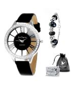 Uhrenbox für Damen mit funkelnden Kristallen und schwarzem Armband