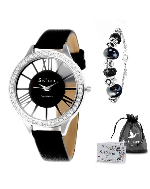 Uhrenbox für Damen mit funkelnden Kristallen und schwarzem Armband