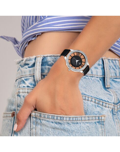 Uhrenbox für Damen mit funkelnden Kristallen und schwarzem Armband