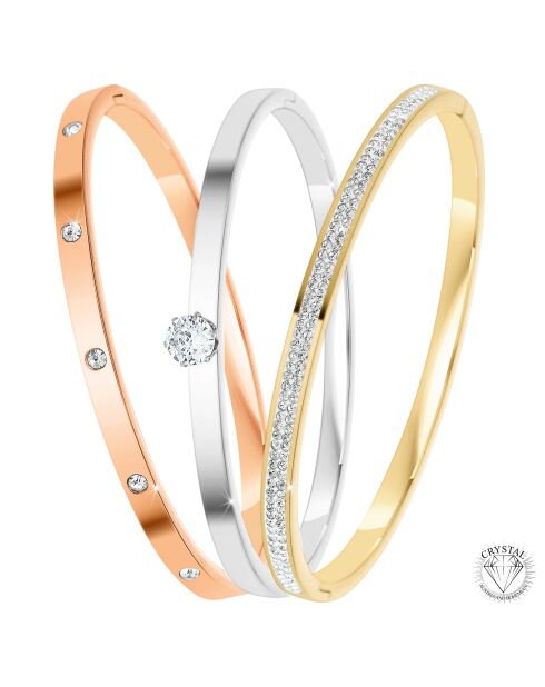 Set aus 3 Edelstahlarmbändern, verziert mit funkelnden silbernen Kristallen