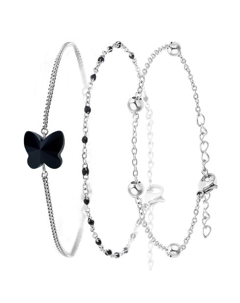 Set van 3 zilver/zwarte roestvrijstalen armbanden