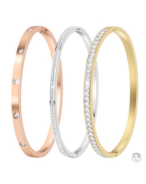 3 Edelstahlarmbänder, verziert mit funkelnden Goldkristallen