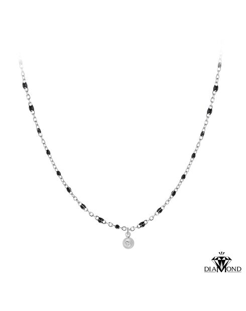 Halsketting versierd met een echte witte diamant en zilveren zwarte harskralen