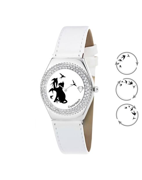 Montre chat à mouvement tournant ornée de Cristaux scintillants blanche