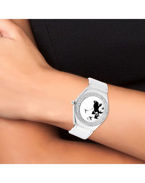 Montre chat à mouvement tournant ornée de Cristaux scintillants blanche