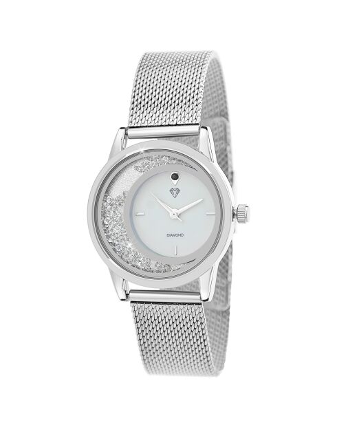 Elegante orologio decorato con un diamante nero e scintillanti cristalli argentati