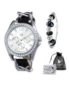 Elegante Uhr mit funkelnden Kristallen und schwarzem Edelstahlarmband