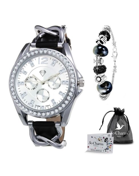 Elegante Uhr mit funkelnden Kristallen und schwarzem Edelstahlarmband