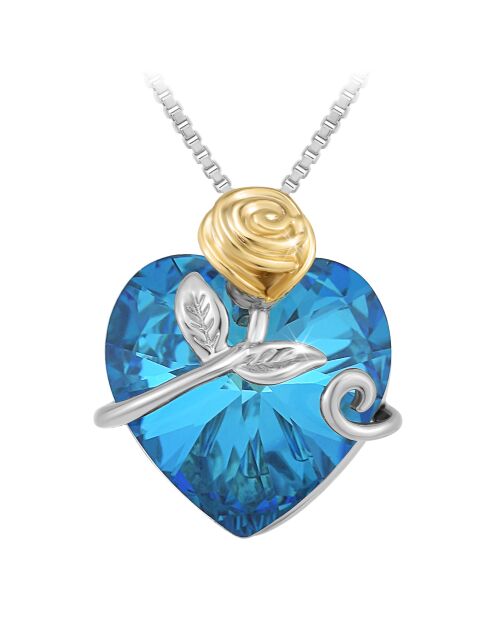 Collier cœur et rose orné de Cristaux Scintillants bleu