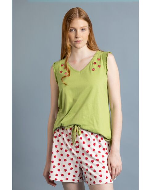 Groene mouwloze pyjama met aardbeienpatroon