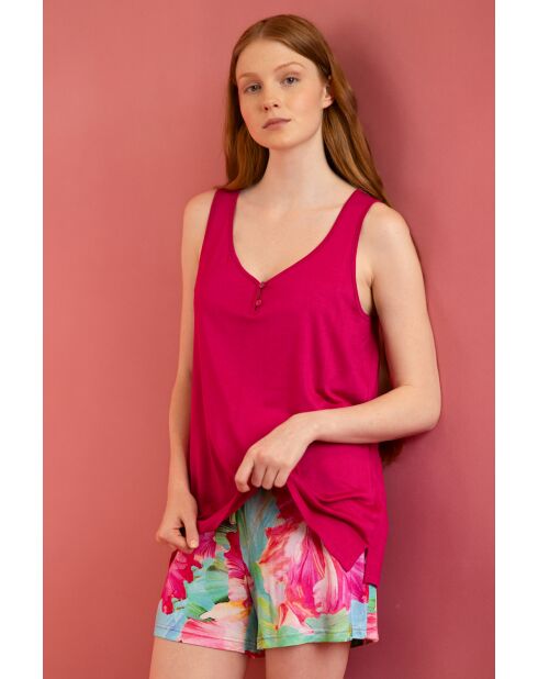 Pigiama senza maniche con brillanti fiori fucsia