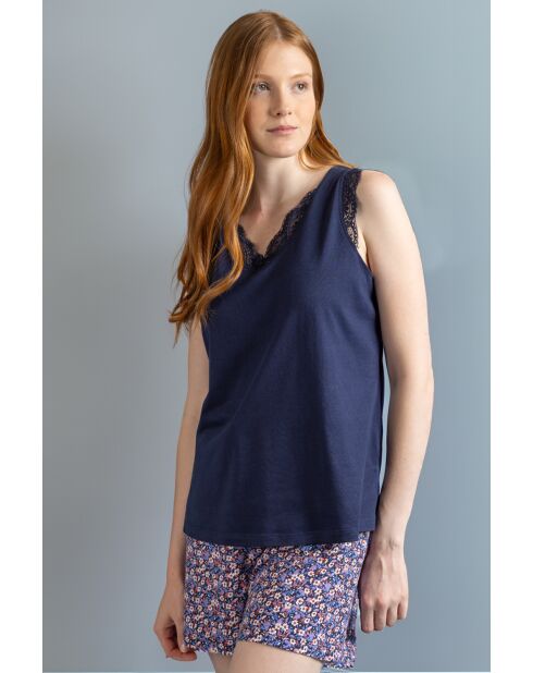 Pijama azul marino sin mangas azul y rosa Liberty