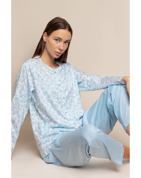 Pigiama a maniche lunghe aperte, motivo a foglie primaverili blu