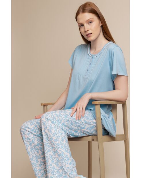 Kurzärmliger Pyjama, blaues Frühlingsblattmuster